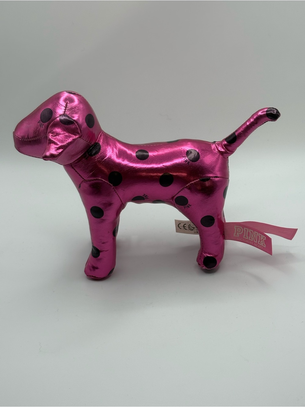 Victoria's Secret PINK Metallic Pink With Black Polka dots Stuffed Dog 7.5" READ